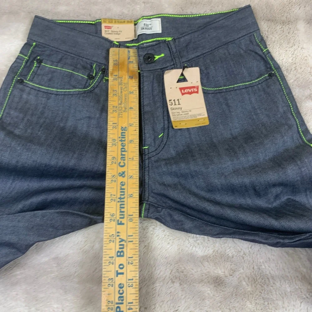 Levis 511‎ Skinny Fit Coated Indigo Neon Green Stitch Jeans 16 Reg 28x28 NEW